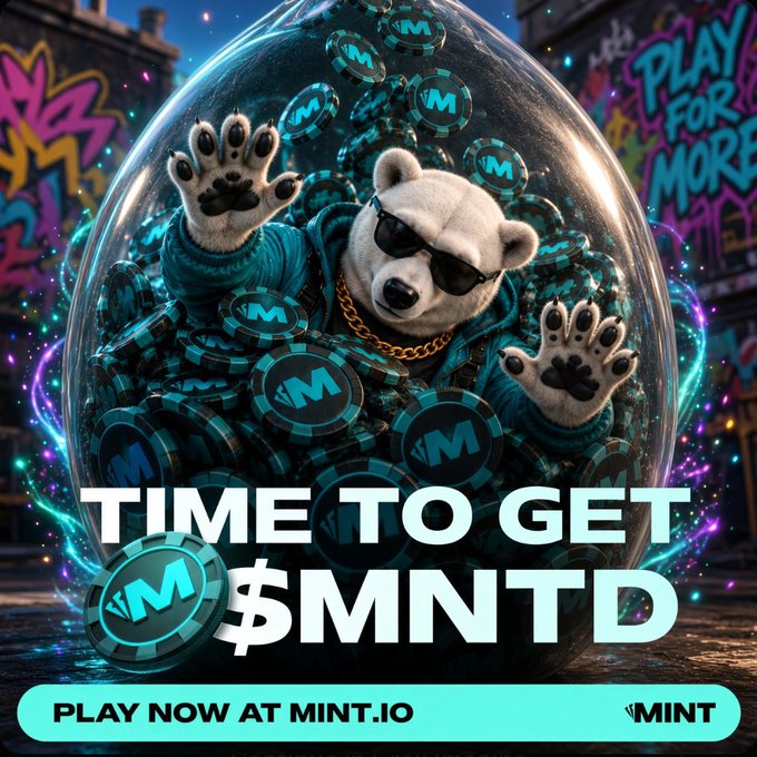 A vibrant promotional image featuring a polar bear wearing sunglasses and a gold chain trapped inside a bubble filled with "$MNT" tokens, with text "TIME TO GET $MNTD" and a "PLAY NOW AT MINT.IO" button.