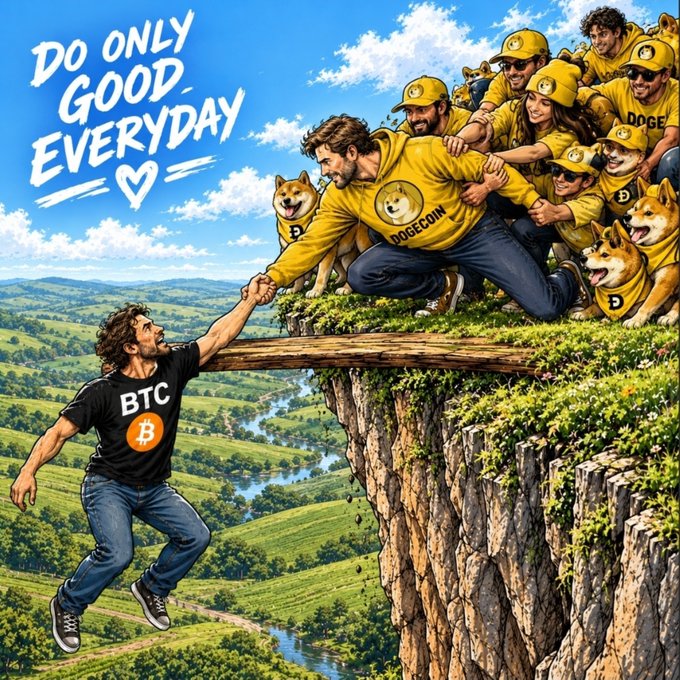An illustrated meme-style image showing a man in a 'BTC' shirt hanging off a cliff while being pulled up by a group in yellow 'DOGECOIN' hoodies and Shiba Inu dogs, with the text 'DO ONLY GOOD EVERYDAY' displayed in the sky.