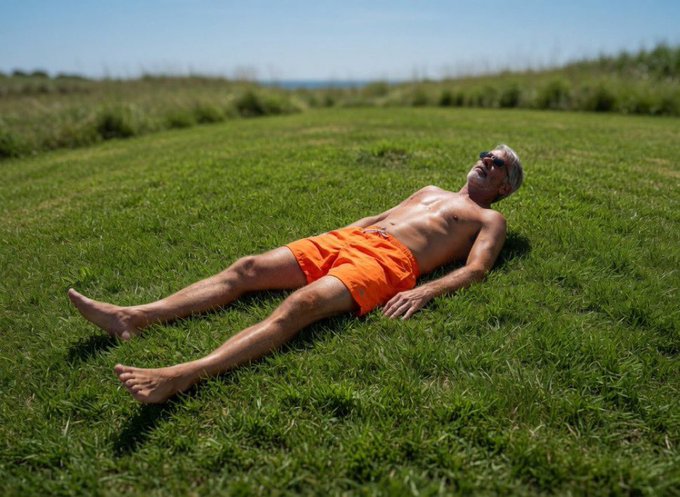 An elderly man in bright orange swim trunks relaxes on his back in a sunlit green grassy field, with his head tilted back toward a clear blue sky.
