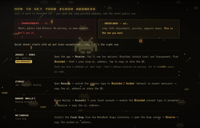 An instructional guide titled "HOW TO GET YOUR ZCASH ADDRESS" explaining the difference between transparent (t1) and shielded (u1) addresses across wallets like Zashi, Zingo, Brave, and MetaMask.