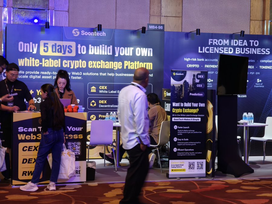 A trade show booth for SoonTech advertises 'Only 5 days to build your own White-label crypto exchange Platform' and 'From Idea to Licensed Business,' with several attendees gathered around displays.