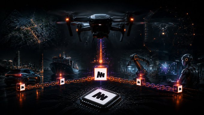 A futuristic nighttime scene showcases a hovering drone emitting a glowing data stream that connects to blockchain node cubes displaying the "Minima" logo, alongside an industrial robot, cargo ship, and humanoid robot — visually representing the post's concept of a drone running a self-verifying Minima blockchain node, eliminating centralized servers by recording its own telemetry and mission data directly on-chain.