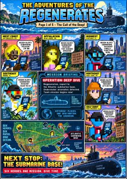 A comic page titled 'THE ADVENTURES OF THE REGENERATES - Pages 1 of 5 - The Call of the Deep' depicting multiple characters in colorful outfits near an ocean setting, with a 'NEXT STOP: THE SUBMARINE BASE!' banner and 'OPER ATION DEEP DIVE' mission briefing showing submarines on a map.