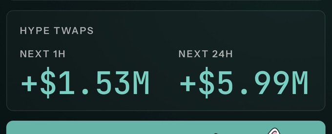 A dark-themed statistics panel titled 'HYPE TWAPS' showing '+ $1.53M' for 'NEXT 1H' and '+ $5.99M' for 'NEXT 24H'.