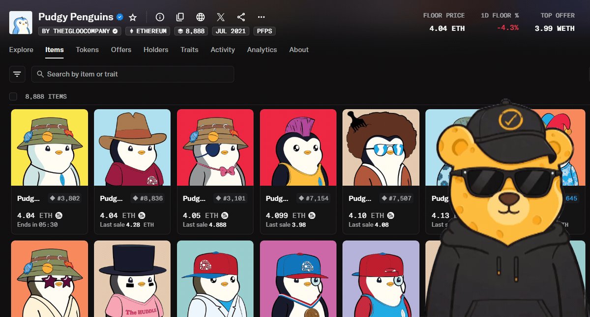 The image features a cartoon bear wearing sunglasses, standing next to a computer screen with a list of characters from various animated series displayed on it. The text "WOW @pudgypenguins at 4 eth is criminal I need a play to turn 0.001 eth into 4 eth fast." suggests that the post might be related to a game or an online platform where users can trade virtual items, such as virtual currency, for real-world currency. This could potentially involve trading in-game characters for real-life items like ETH (etherium) or other virtual assets.