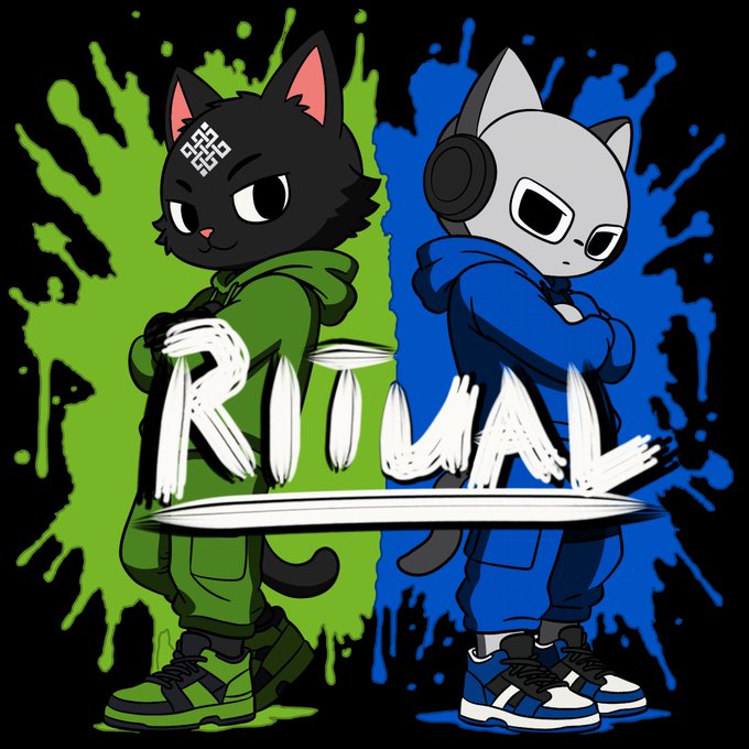 An illustration showing two anthropomorphic cats wearing hoodies (one green, one blue) and headphones against green and blue splatter backgrounds, with the word 'RIVAL' in large white brushstroke text.