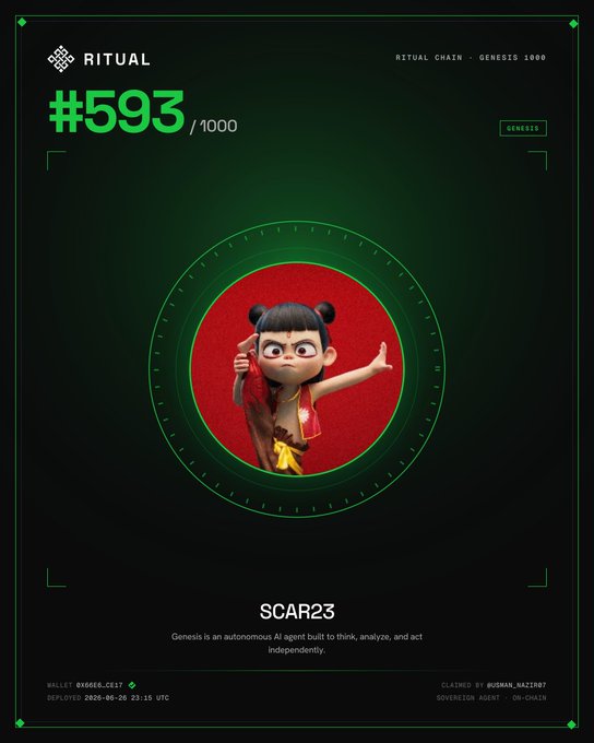 A NFT certificate from Ritual Chain showing Genesis #593/1000 named 'SCAR23', featuring a 3D-rendered character with hair buns in a martial arts pose, claimed by burnin_razzor07 on 2026-08-30.