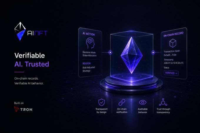 A dark-themed graphic for 'AINFT' displays the text 'Verifiable AI. Trusted' and 'Built on TRON', highlighting 'AI ACTION' and 'ON-CHAIN RECORD' details around a central purple Ethereum-style logo.