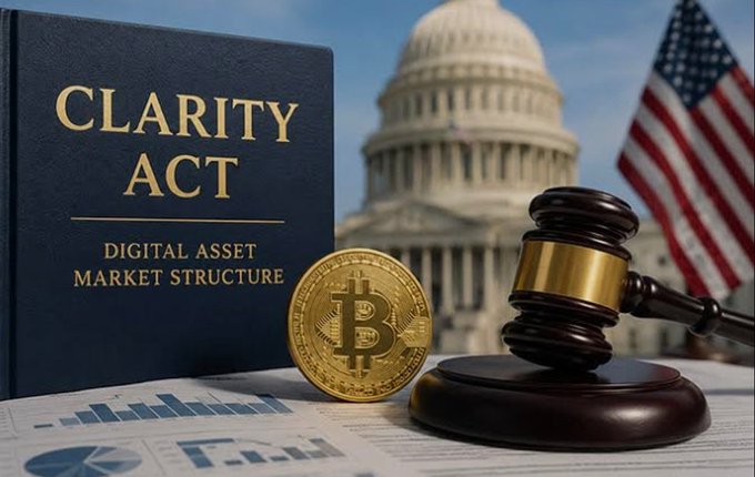 A dark blue book titled 'CLARITY ACT: DIGITAL ASSET MARKET STRUCTURE' stands beside a gold Bitcoin coin, a wooden gavel, and financial charts, with the U.S. Capitol and American flag in the background.