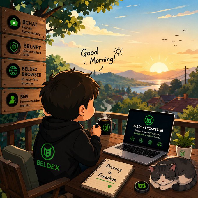 An illustration of a boy at a computer promoting 'BELDEX ECOSYSTEM', with features like 'BCHAT Private Conversations', 'BELNET Decentralized VPN', and 'BELDEX BROWSER Privacy-first Browsing', with 'Privacy is Freedom' written in a notebook.