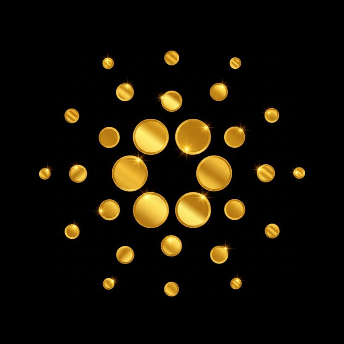 A circular pattern of golden coins with star-like sparkles arranged around a central cluster on a black background.