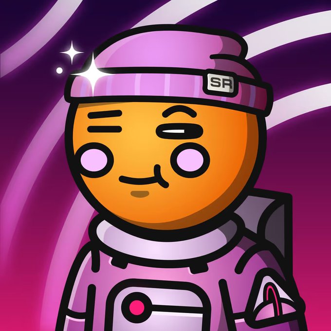 An orange cartoon character wearing a pink beanie with 'SF' lettering and a matching jacket smiles against a purple swirling background.