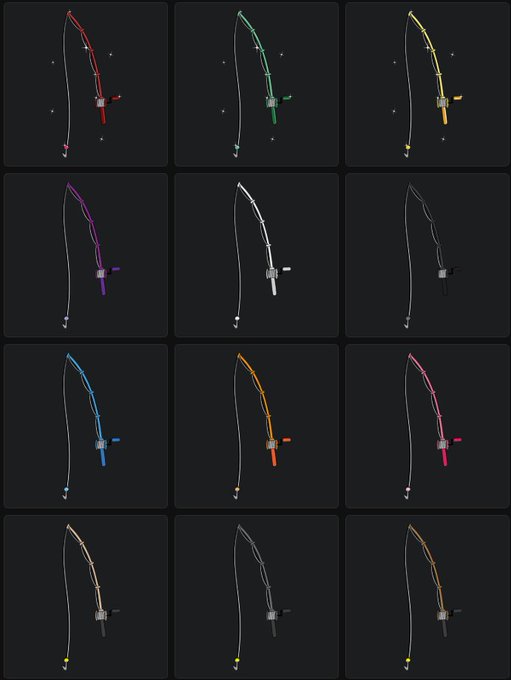 A grid showing a fishing rod in twelve different colors including red, green, yellow, purple, white, black, blue, orange, pink, and tan against dark backgrounds.
