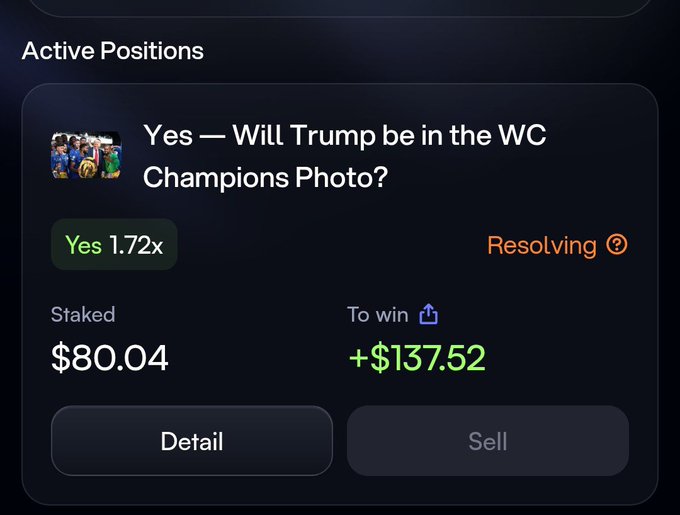 A betting app screen showing an active position on 'Yes — Will Trump be in the WC Champions Photo?' with $80.04 staked at 1.72x odds.