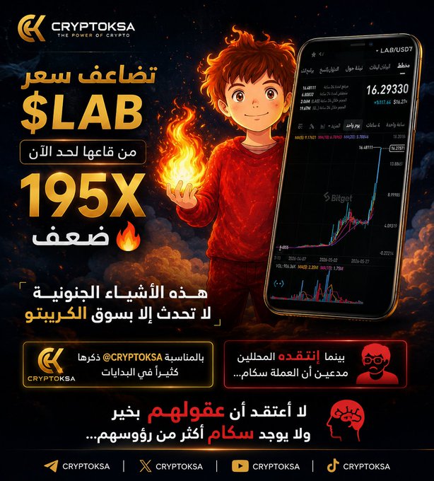 !"A child holding a fire sign, with a cell phone displaying a cryptocurrency price graph."
