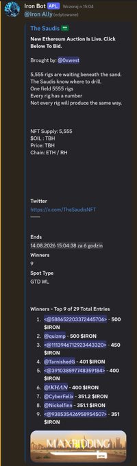 A Telegram post from "Iron Bot" announces "The Saudis" Ethereum NFT auction, listing details like NFT Supply: 5,555, Price: 0.7 TBH, Chain: ETH/RH, along with winners who received SIRON tokens.