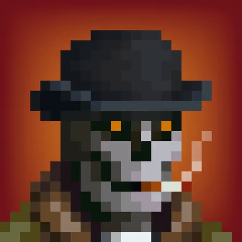 Pixel art portrait of a figure with orange eyes and a black hat, smoking a cigarette against a red background.