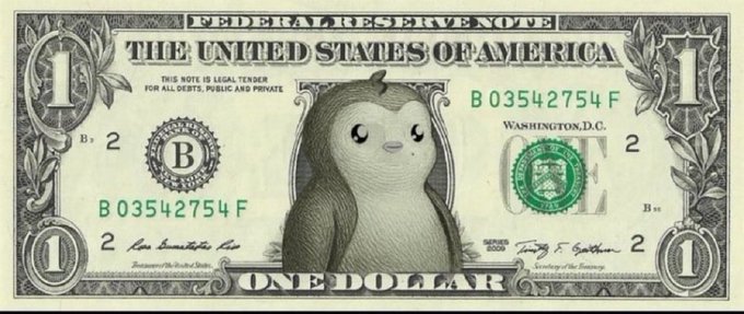 A whimsical penguin replaces George Washington on a Federal Reserve Note, symbolizing the post's claim of "$PENGU going to $1".