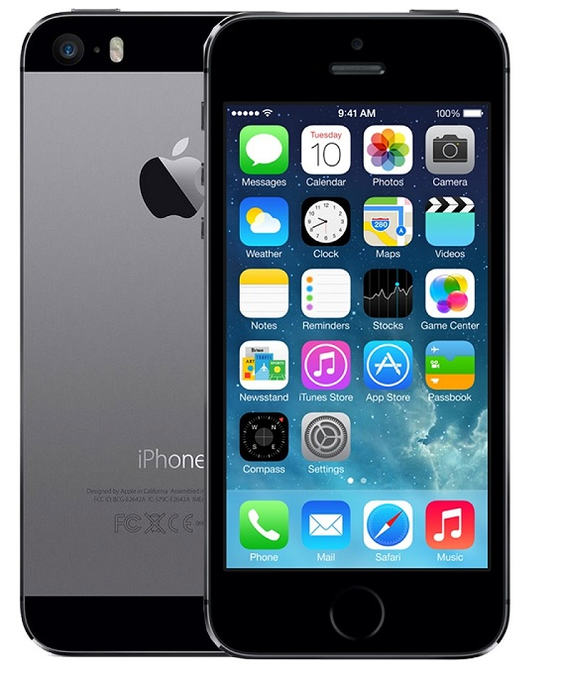 A product image shows the iPhone 5s in space gray, displaying both the back of the device with the Apple logo and 'iPhone' branding, and the front home screen showing apps like Messages, Calendar, Photos, Camera, Weather, and Stocks at 9:41 AM.