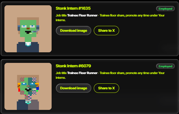 Two pixel-art character profiles are displayed, labeled 'Stonk Intern #1635' and 'Stonk Intern #6079', both with the job title 'Trainee Floor Runner' and 'Employed' status, alongside 'Download image' and 'Share to X' buttons.