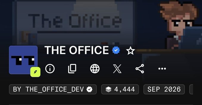 A digital marketplace listing for an item called 'THE OFFICE' with a verified checkmark, showing '4,444' copies and a 'SEP 2026' date, created by 'THE_OFFICE_DEV', featuring pixel art of a person at a computer.