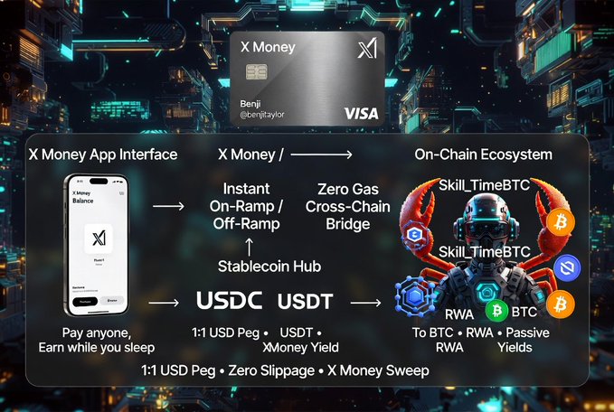 A futuristic crypto-themed infographic showcases the X Money Visa card alongside a phone displaying the X Money App, illustrating how users can seamlessly on-ramp USDT/USDC via zero-gas cross-chain bridges to access BTC, RWA, and passive yields, with key text including "X Money," "Benji @benjtaylor," "VISA," "USDC," "USDT," and "Skill_TimeBTC." The image visually maps the ecosystem described in the post, highlighting the flow from fiat entry to on-chain passive income opportunities.