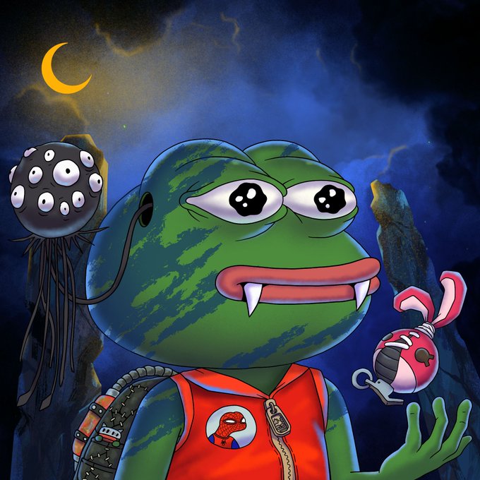 A digital illustration of Pepe the Frog with fangs wearing a red vest, with a multi-eyed tentacle creature to the left and a hook-wearing red creature to the right, set against a night sky with a crescent moon.