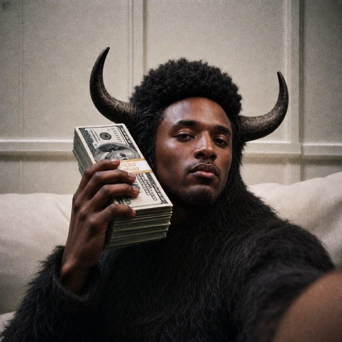 A person wearing a black furry costume with large bull horns reclines on a white couch while holding a thick stack of $100 bills banded with "10,000" straps. The image ties into the "$ANSEM" crypto post by visually representing "printing" money through the display of bundled cash alongside the bullish horned figure.