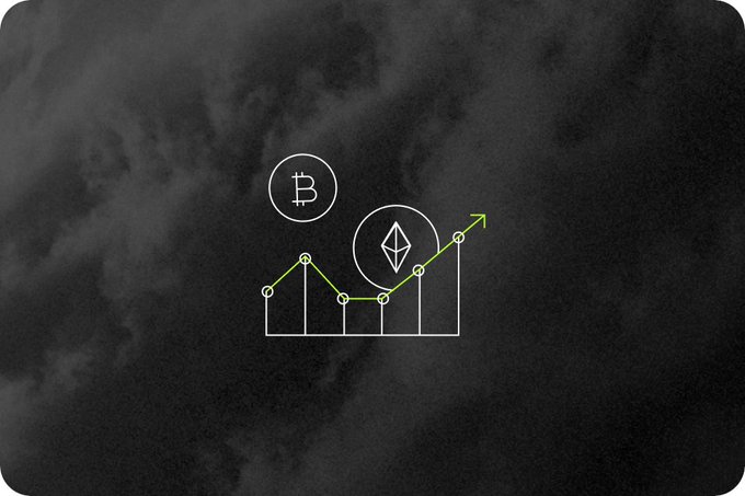 A dark, cloudy background featuring a minimalist line graph with a Bitcoin logo and Ethereum logo circled, with the line trending upward with a green arrow.