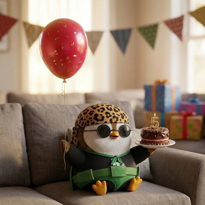 Whimsical 3D render of a penguin character wearing a leopard-print bandana, sunglasses, and green outfit, sitting on a couch holding a red balloon and a small chocolate birthday cake with a '5' candle, surrounded by party decorations and wrapped gifts.