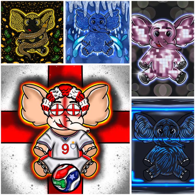 A collage of five stylized elephant illustrations in various artistic styles, including a football-themed elephant wearing an England jersey with the number 9, set against different backgrounds like an England flag.