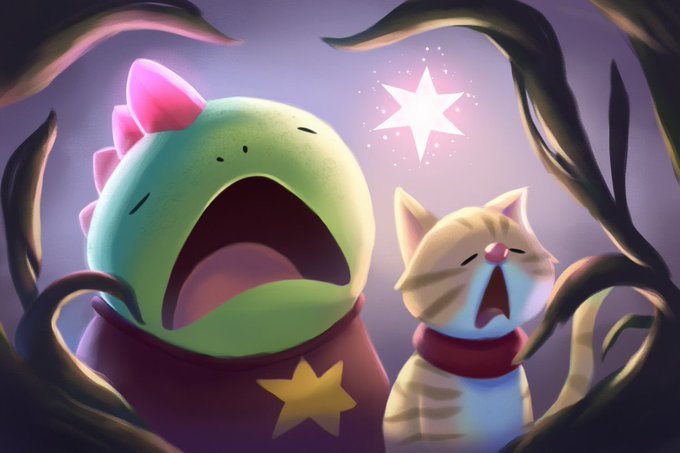 The image features two cartoon characters - a green dinosaur with open mouth and a brown cat sitting next to it. The scene takes place at night, with a star shining brightly above them. The characters appear to be engaged in a conversation or interaction, possibly discussing their feelings about the star's brightness.