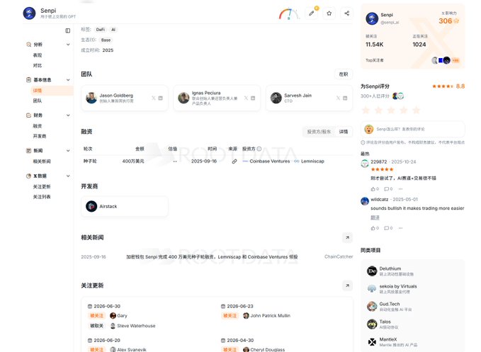 Product information page on RootData for 'Senpi' (电子AI交易OS), a DeFi/AI project founded in 2025, showing funding details, team members (Jeason Goldberg, Ignas Peciura, Sarvesh Jain), and an 8.5 rating from 306 users.