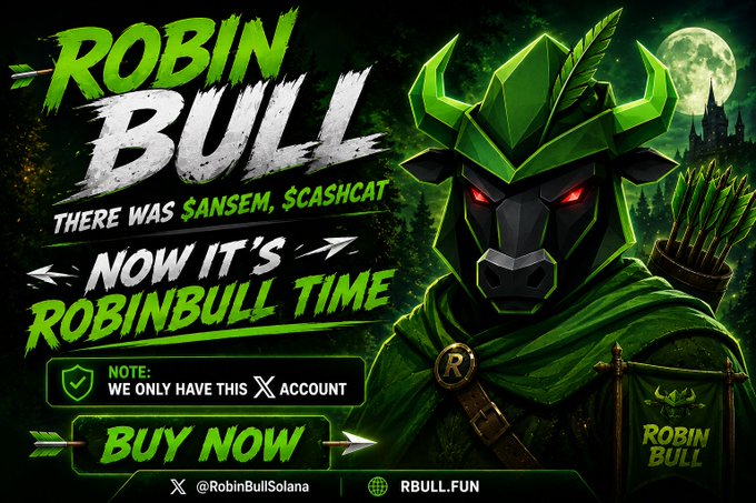 A bold promotional graphic for "ROBIN BULL" featuring a fierce green bull-headed warrior archer under a full moon, announcing "$ROBINBULL TIME" with a note that this is their only X account (@RobinBullSolana) and website RBULL.FUN, directly supporting the accompanying presale announcement inviting participants to buy $ROBINBULL tokens at 1 SOL = 10,000,000 $RBULL.