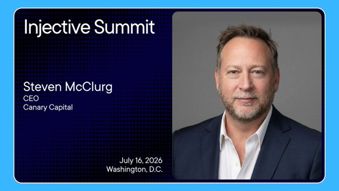 The image features a blue card with a photo of a man wearing a suit and tie, who appears to be a speaker at an event named "Injective Summit". The card also displays the name Steven McClurg and his role as CEO of CanaryFunds. Additionally, there is information about Canary Capital's recent filing for a U.S. staked ETF.