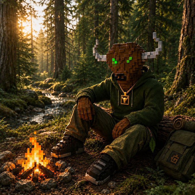 A 3D-rendered, blocky/minecraft-style character with antlers and green glowing eyes sits by a campfire in a forest setting, wearing a dark green hoodie and cargo pants with a bull pendant necklace.