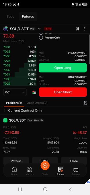 The image shows a smartphone screen with the stock trading app open, displaying a graph of the stock market trends along with various options for buying or selling stocks. The user interface has two columns, one labeled "Open" and another labeled "Reduce Order Size Only", showcasing different strategies to manage investments in the stock market. The phone's display indicates that it is currently at 70% capacity, suggesting that most of its screen space has been occupied by the app's information and graph.