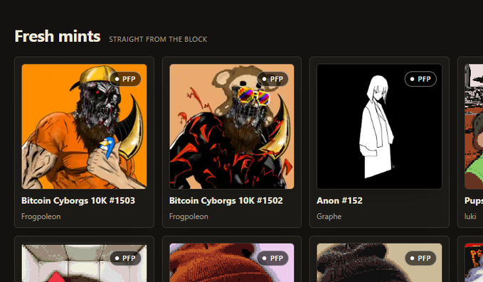 A screenshot of a digital art marketplace titled 'Fresh mints STRAIGHT FROM THE BLOCK', showing NFT listings such as 'Bitcoin Cyborgs 10K #1503' and '1502' by Frogp0leon, and 'Anon #152' by Graphe.