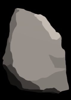A stylized illustration of a gray rock against a black background, with shading that creates a three-dimensional effect.