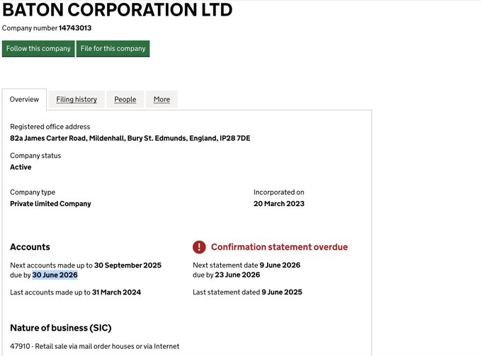 The image shows a Companies House overview for **Baton Corporation Ltd** (company number 14743013), a private limited company incorporated on 20 March 2023, whose next accounts are due by **30 June 2026**. This aligns with the post's claim that a "pumpfun casino" entity owes financial accounting filings to Companies House within five calendar days, with the June 2026 deadline confirming the urgency of the upcoming filing requirement for this UK-registered company.