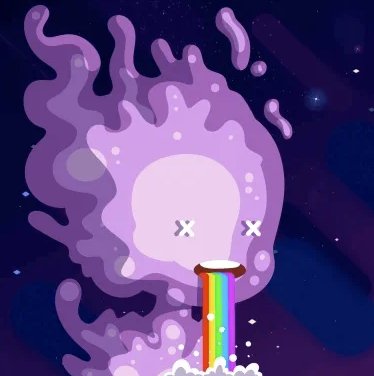 A digital illustration of a purple blob-like character with X-shaped eyes vomiting a rainbow from a cylindrical opening against a starry space background.
