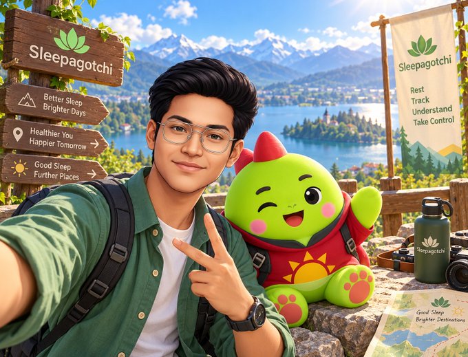 A vibrant illustration of a young man in glasses making a peace sign next to a green mascot character named 'Sleepagotchi,' with signs promoting 'Better Sleep Brighter Days' and 'Good Sleep Further Places' against a scenic mountain lake backdrop.