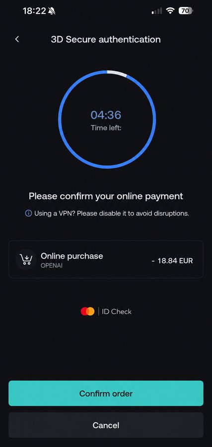 The image shows a 3D Secure authentication screen on a phone displaying a 4:36 countdown timer for confirming an €18.84 EUR online purchase from OpenAI via a Mastercard ID Check, illustrating the post's point about added security when paying with the Nexo crypto card.