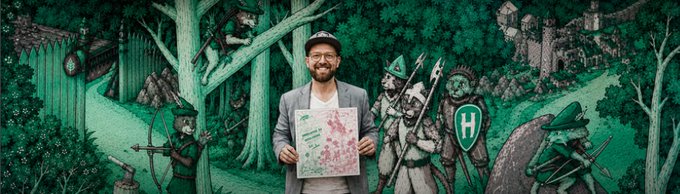 A bearded man in a gray blazer stands before an illustrated medieval-style mural featuring green-tinted forest scenes with knights, archers, and a castle, proudly holding up a framed award or certificate that displays what appears to be ticker information on its corners—seemingly celebrating a low-cap cryptocurrency project, fitting the post's mocking tone about promoting a small-cap token.
