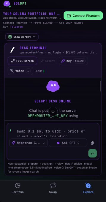 A screenshot of a mobile app interface labeled 'SOLGPT' showing a 'DESK TERMINAL' with a 'SOLGPT DESK ONLINE' chat interface, with a prompt 'swap 0.1 sol to usdc . price of clawd . what's trending' visible.