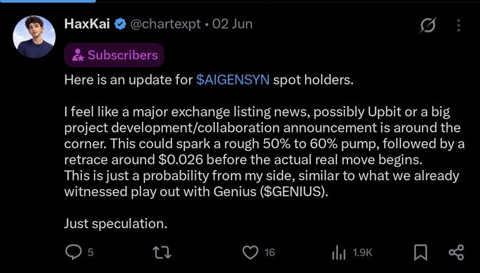A tweet from verified user HaxKai (@chartexpt) dated June 2nd, addressing AIGENSYN ($AIGENSYN) spot holders and speculating about a potential major exchange listing (possibly Upbit) that could trigger a 50-60% price pump before a retrace to $0.026. The post received 5 replies, 16 likes, and 1.9K views, and the accompanying caption celebrates the now-confirmed Upbit listing and a +95% price surge.
