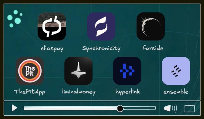 A video player-style interface displaying various crypto/web3 app icons including eliospay, Synchronicity, Farside, ThePitApp, liminalmoney, hyperlink, and ensemble.