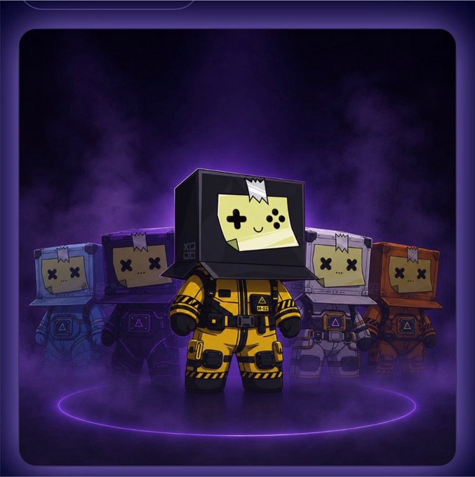 A digital illustration featuring a central yellow character wearing a hazmat-style suit with a game controller head, surrounded by four similar characters in blue, gray, white, and orange suits against a purple smoky background.