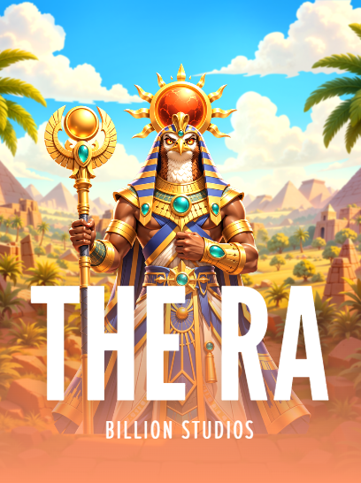 A promotional image featuring an Egyptian pharaoh character in elaborate blue and gold regalia holding a staff, with large text reading "THERA" and "BILLION STUDIOS" at the bottom.
