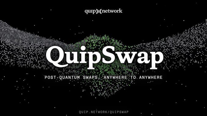QuipSwap promotional graphic by quip network advertising 'post-quantum swaps, anywhere to anywhere' at quip.network/quipswap.